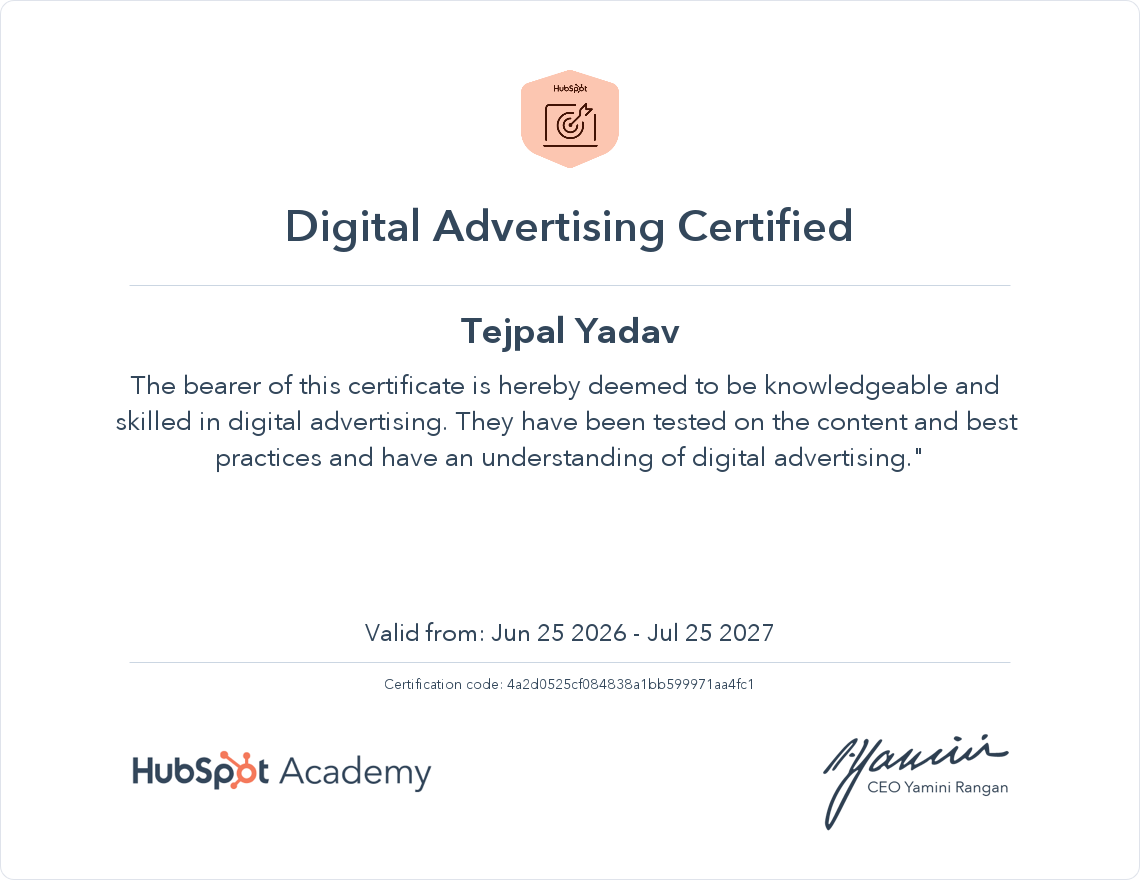 Digital Advertising certificate for Tejpal Yadav