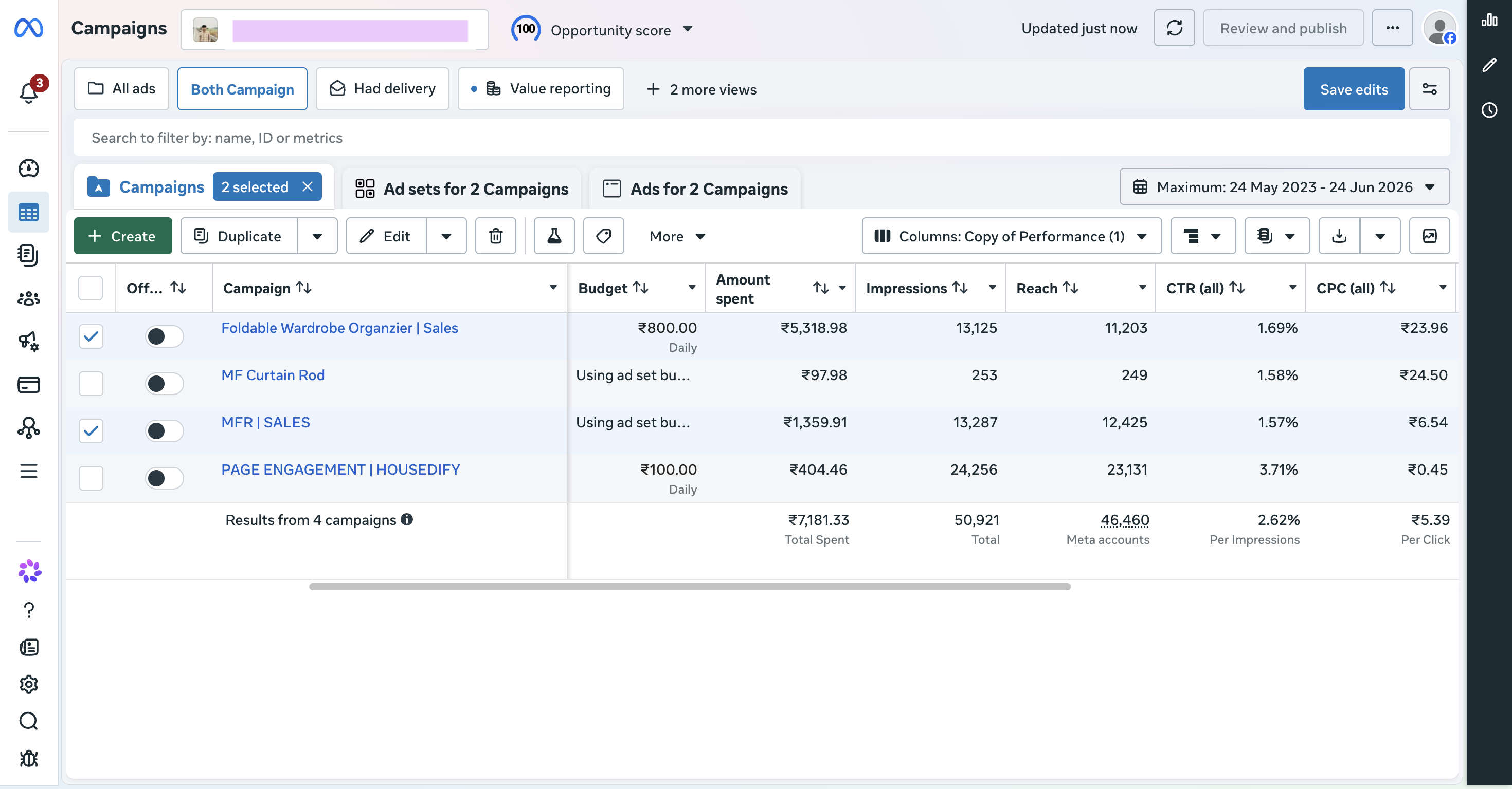 Meta Ads Manager dashboard showing ecommerce campaign performance for the dropshipping store.